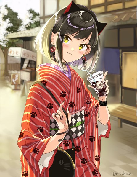 Anime picture 772x1000 with original miyabi akino single tall image looking at viewer blush fringe black hair standing holding signed animal ears yellow eyes payot outdoors nail polish traditional clothes head tilt japanese clothes fingernails