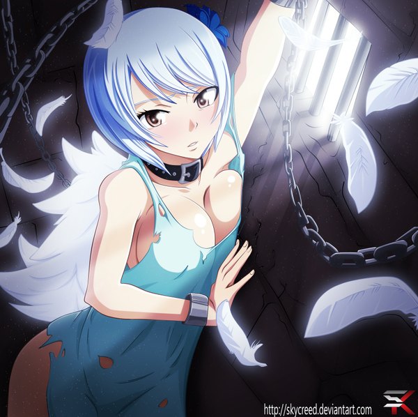 Anime picture 1600x1596 with fairy tail yukino aguria skycreed single blush short hair breasts light erotic white hair hair flower sunlight grey eyes coloring torn clothes breast press girl dress hair ornament flower (flowers) chain