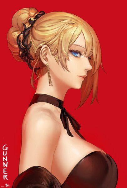 Anime picture 812x1200 with dungeon and fighter female gunner (dungeon and fighter) monaim single tall image looking at viewer fringe short hair breasts blue eyes simple background blonde hair bare shoulders upper body profile alternate hairstyle red background hair up girl hair ornament