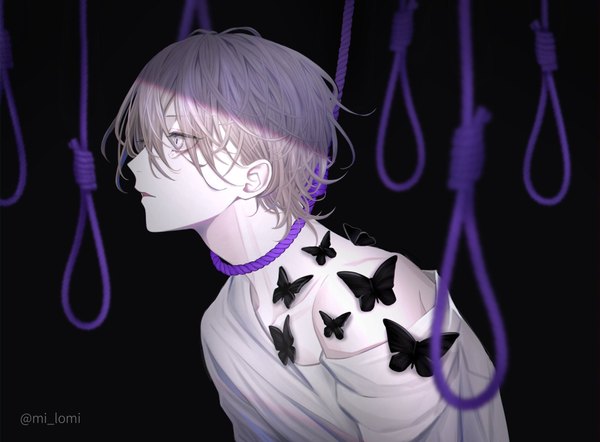 Anime-Bild 1900x1400 mit original mi_lomi single highres short hair simple background signed looking away parted lips lips off shoulder shadow leaning leaning forward twitter username tears black background pale skin suicide boy