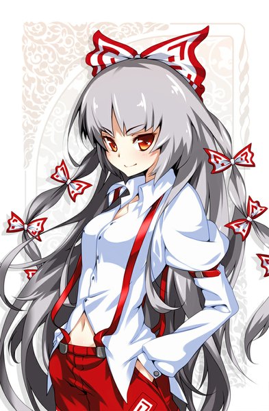 Anime picture 655x1000 with touhou fujiwara no mokou hong (white spider) single long hair tall image looking at viewer blush smile red eyes grey hair bare belly hands in pockets girl navel bow hair bow suspenders