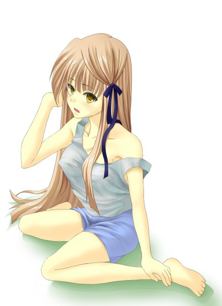 Anime picture 1000x1376 with ese shinshi single long hair tall image looking at viewer open mouth light erotic sitting bare shoulders yellow eyes barefoot no bra erect nipples covered nipples girl hair ornament ribbon (ribbons) hair ribbon