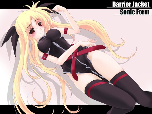 Anime picture 1600x1200 with mahou shoujo lyrical nanoha fate testarossa frapowa single long hair looking at viewer blush breasts light erotic blonde hair smile red eyes large breasts girl thighhighs black thighhighs belt leotard