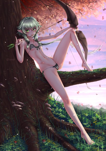 Anime picture 1240x1754 with goblin slayer! high elf archer (goblin slayer!) adsouto single long hair tall image looking at viewer blush fringe breasts light erotic smile hair between eyes holding green eyes signed payot full body bent knee (knees) barefoot
