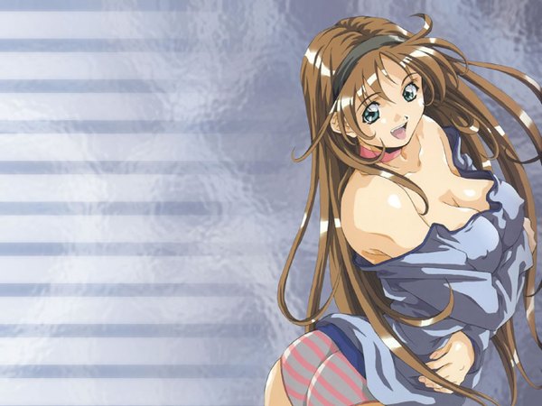 Anime picture 1280x960 with single long hair breasts open mouth light erotic brown hair large breasts bare shoulders green eyes girl underwear panties headband collar striped panties