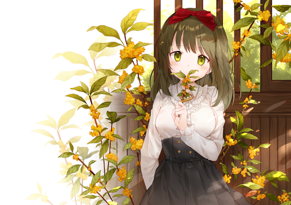 Anime picture 2000x1412 with original amafuyu single long hair looking at viewer blush fringe highres breasts standing holding green eyes blunt bangs green hair covered mouth arm behind back girl skirt flower (flowers) bow
