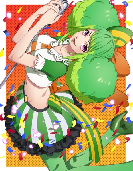 Anime picture 1500x1928 with one piece one piece: stampede toei animation anne (one piece) sumino akasuke single long hair tall image looking at viewer purple eyes twintails payot multicolored hair green hair from above two-tone hair midriff high heels border freckles
