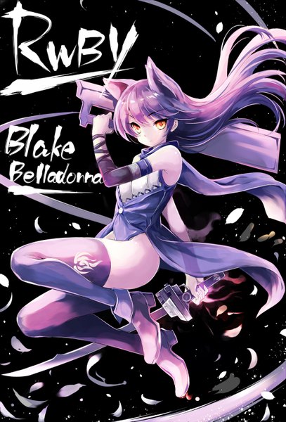 Anime picture 1000x1474 with rwby rooster teeth blake belladonna kumako (pixiv327209) single long hair tall image looking at viewer fringe light erotic simple background bare shoulders holding animal ears yellow eyes purple hair full body bent knee (knees) multicolored hair copyright name