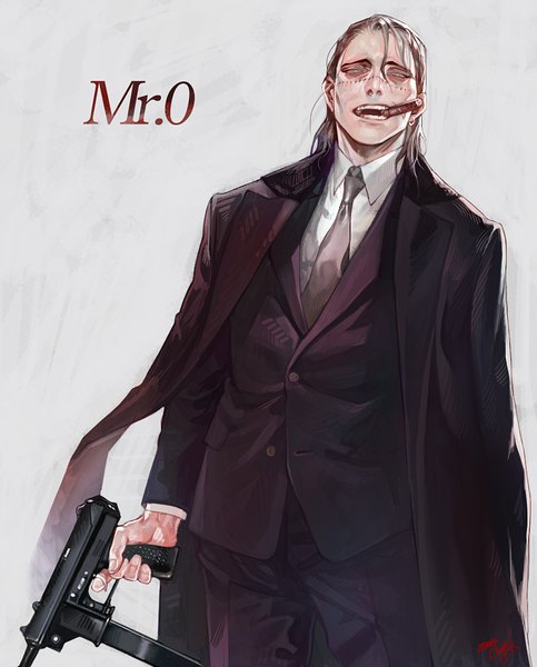 Anime picture 790x982 with one piece toei animation sir crocodile albinoalli single tall image looking at viewer short hair open mouth black hair simple background grey background scar smoking white eyes boy weapon gun suit coat