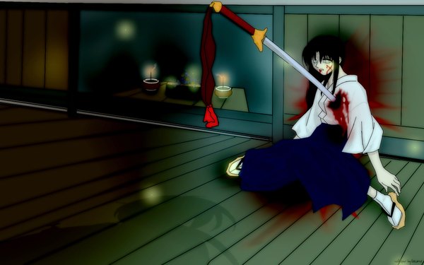 Anime picture 1920x1200 with rurouni kenshin kamiya kaoru long hair fringe highres black hair wide image payot bent knee (knees) indoors traditional clothes japanese clothes shadow solo focus blood on face bloody clothes empty eyes girl weapon sword