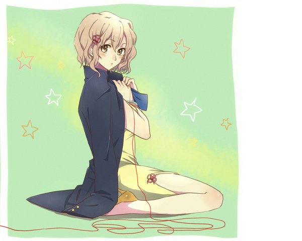 Anime picture 1024x819 with hanasaku iroha p.a. works matsumae ohana single looking at viewer blush short hair open mouth blonde hair sitting brown eyes legs chinese clothes girl hair ornament jacket bracelet star (symbol) chinese dress thread