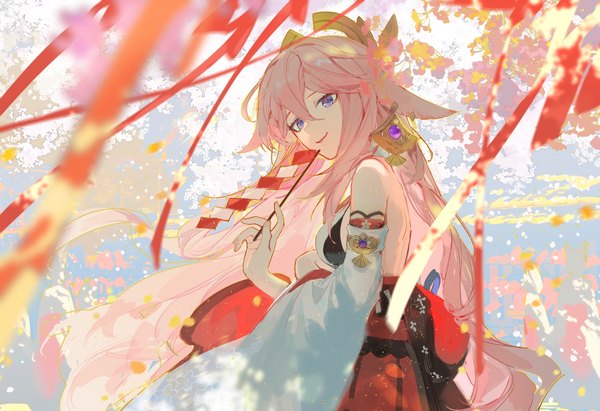 Anime picture 4500x3083 with genshin impact yae miko rafaelaaa single long hair fringe highres smile hair between eyes purple eyes animal ears pink hair absurdres traditional clothes japanese clothes fox ears nontraditional miko girl detached sleeves earrings