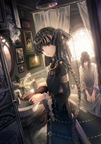 Anime picture 2893x4092 with isekai meikyuu no saishinbu wo mezasou ukai saki long hair tall image looking at viewer fringe highres black hair hair between eyes standing holding indoors braid (braids) head tilt profile black eyes sunlight wide sleeves tattoo single braid