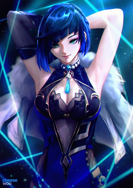 Anime picture 849x1200 with genshin impact yelan (genshin impact) cheesewoo single tall image looking at viewer fringe short hair breasts light erotic smile large breasts standing signed blue hair cleavage upper body blunt bangs aqua eyes lips