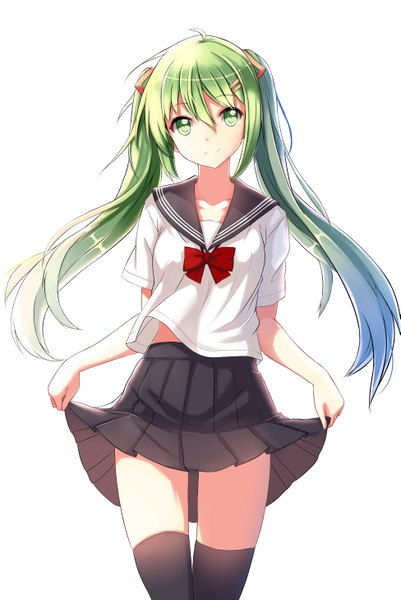 Anime picture 3897x5826 with original allenes single long hair tall image looking at viewer highres smile twintails green eyes absurdres green hair zettai ryouiki skirt lift girl thighhighs skirt uniform hair ornament black thighhighs