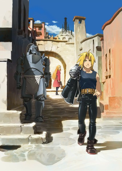 Anime picture 1544x2163 with fullmetal alchemist studio bones edward elric alphonse elric long hair tall image blonde hair yellow eyes city hand in pocket siblings walking street brothers mechanical parts boy building (buildings) apron pants coat
