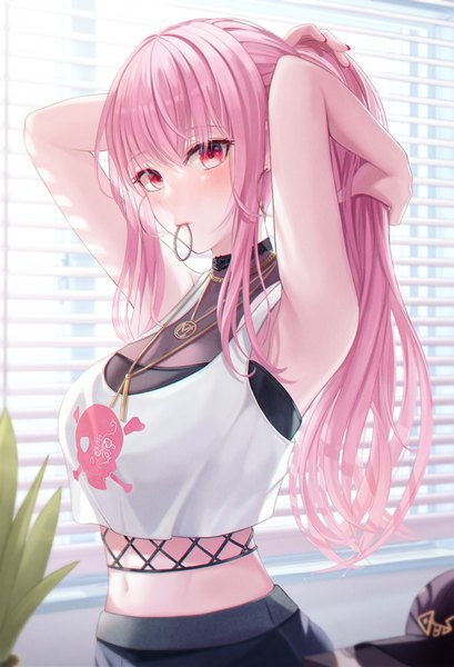 Anime picture 2611x3834 with virtual youtuber hololive hololive english mori calliope mori calliope (streetwear) funii single long hair tall image looking at viewer blush fringe highres red eyes standing holding signed payot pink hair blunt bangs