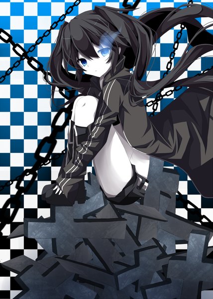 Anime picture 1000x1400 with black rock shooter black rock shooter (character) chiruku single long hair tall image looking at viewer black hair sitting twintails glowing glowing eye (eyes) girl jacket shorts boots chain