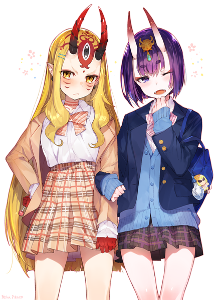Anime picture 944x1300 with fate (series) fate/grand order shuten douji (fate) ibaraki douji (fate) sakata kintoki (fate/grand order) mika pikazo long hair tall image looking at viewer short hair open mouth blonde hair simple background white background purple eyes multiple girls signed yellow eyes purple hair pleated skirt