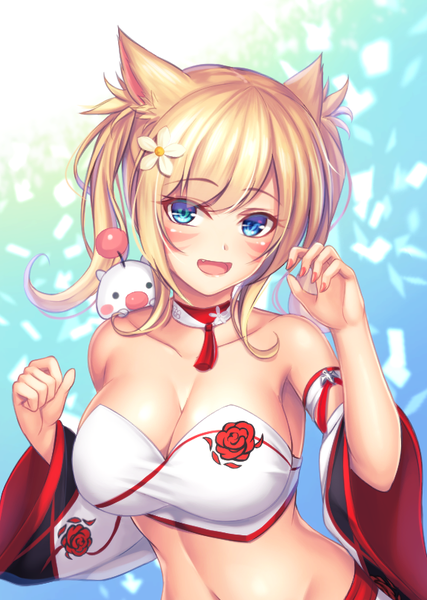 Anime picture 575x807 with final fantasy final fantasy xiv square enix miqo'te moogle tiphereth single tall image looking at viewer short hair breasts open mouth blue eyes light erotic blonde hair large breasts twintails animal ears cleavage upper body