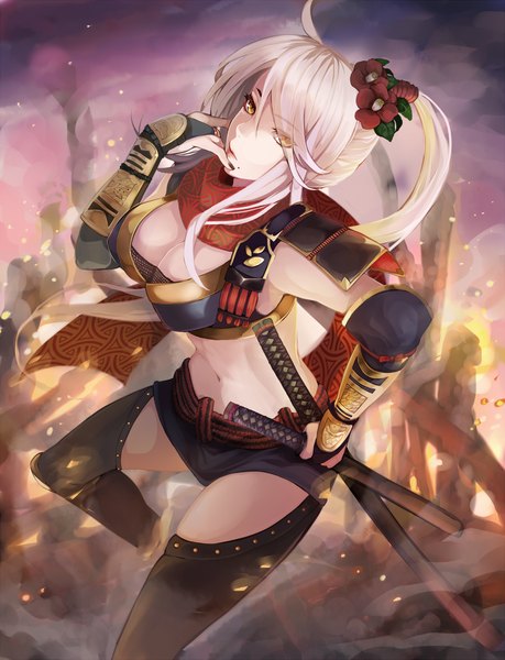 Anime picture 1000x1307 with original settyaro single long hair tall image breasts light erotic blonde hair yellow eyes ponytail hair flower midriff girl thighhighs navel hair ornament flower (flowers) weapon black thighhighs sword