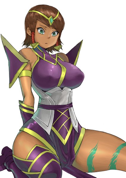 Anime picture 3543x5011 with league of legends karma (league of legends) 1235 single tall image fringe highres short hair breasts light erotic simple background brown hair white background green eyes absurdres spread legs huge breasts dark skin girl