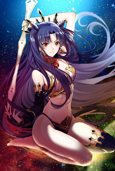 Anime picture 960x1420 with fate (series) fate/grand order ishtar (fate) yaoshi jun single long hair tall image blush light erotic black hair sitting holding brown eyes light smile two side up kneeling floating hair arm behind head seiza girl