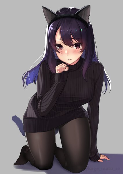 Anime picture 1771x2508 with original kagematsuri single long hair tall image looking at viewer blush fringe highres simple background hair between eyes purple eyes signed animal ears purple hair tail parted lips animal tail multicolored hair cat ears
