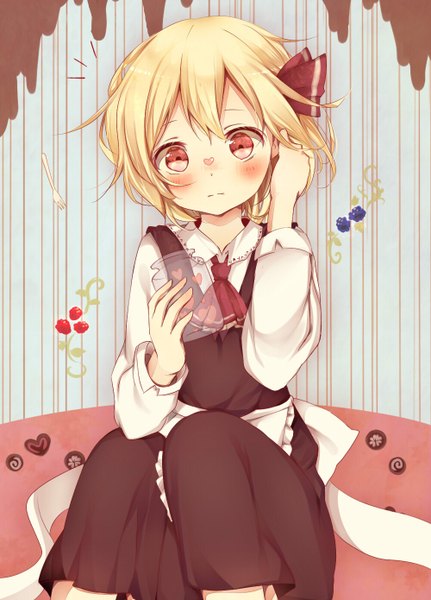 Anime picture 1000x1390 with touhou rumia misa (kaeruhitode) single tall image looking at viewer blush short hair blonde hair red eyes sitting adjusting hair girl bow hair bow heart fork