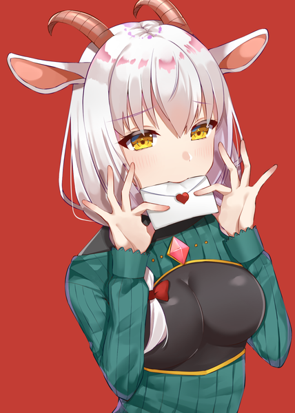 Anime picture 1000x1400 with original itoi toi single long hair tall image blush fringe light erotic simple background hair between eyes twintails holding animal ears yellow eyes looking away upper body white hair long sleeves horn (horns) embarrassed