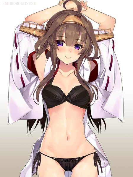 Anime picture 675x900 with kantai collection kongou battleship shirokitsune single long hair tall image looking at viewer blush fringe breasts light erotic simple background smile hair between eyes brown hair standing purple eyes signed ahoge traditional clothes
