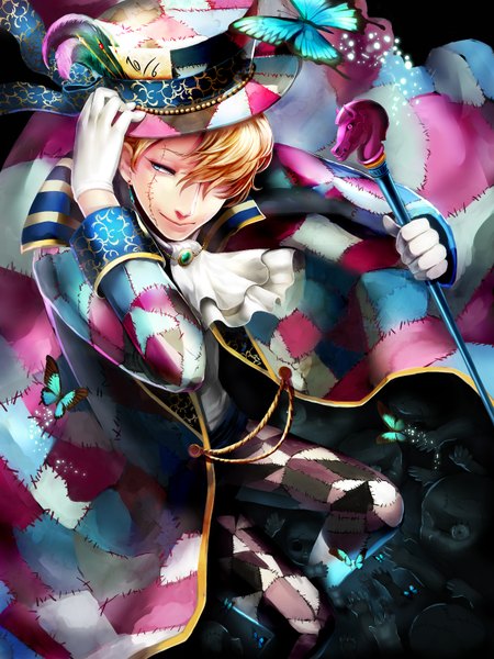 Anime picture 1200x1600 with alice in wonderland original mad hatter terai (teraimorimori) single tall image fringe short hair blue eyes blonde hair holding looking away hair over one eye scar boy gloves earrings animal insect butterfly