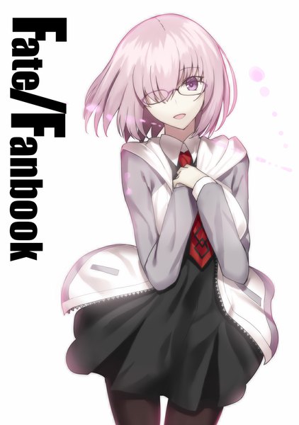Anime-Bild 800x1137 mit fate (series) fate/grand order mash kyrielight kauto single tall image looking at viewer fringe short hair open mouth simple background smile standing white background purple eyes pink hair long sleeves :d hair over one eye open jacket