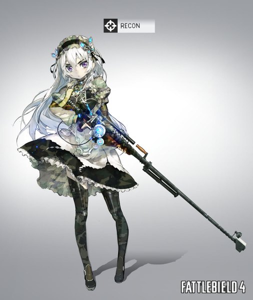 イラスト 1080x1280 と 棺姫のチャイカ battlefield ボンズ チャイカ・トラバント namaniku atk ソロ 長髪 長身像 紫目 white hair grey background 仕事絵 女の子 ドレス 髪飾り 武器 靴 被り物 銃砲 ちょうちょうの髪飾り