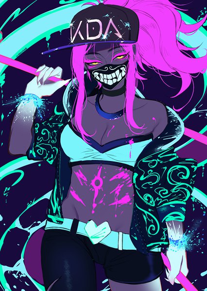 Anime picture 623x878 with league of legends k/da (league of legends) akali (league of legends) k/da akali marchab 66 single long hair tall image looking at viewer breasts large breasts standing bare shoulders holding signed yellow eyes pink hair cleavage ponytail off shoulder