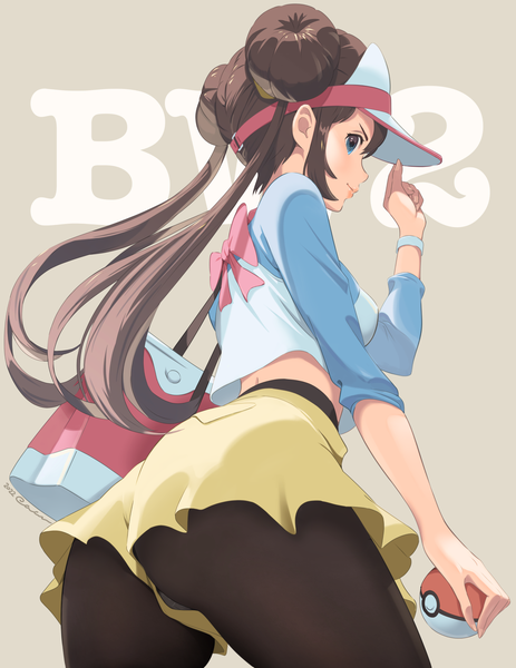 Anime picture 1471x1906 with pokemon pokemon black and white nintendo rosa (pokemon) cacn single long hair tall image looking at viewer fringe breasts light erotic simple background smile hair between eyes brown hair large breasts standing twintails holding