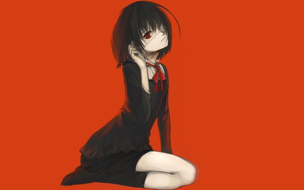 Anime picture 2560x1600 with another p.a. works misaki mei charimei highres short hair black hair simple background red eyes wide image red background girl uniform school uniform socks black socks eyepatch