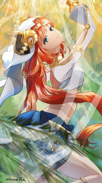 Anime picture 1324x2366 with genshin impact nilou (genshin impact) kusunoki  r single long hair tall image blue eyes smile signed red hair horn (horns) twitter username looking up arched back girl plant (plants) veil