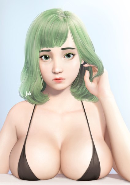 Anime picture 1240x1754 with original momo (jubi) jubi (regiana) single tall image looking at viewer short hair breasts light erotic green eyes signed cleavage upper body green hair realistic lipstick huge breasts breast rest girl bikini top