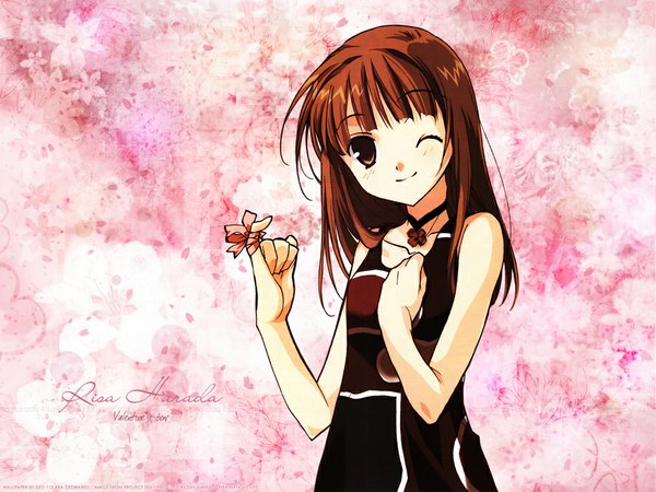 Anime picture 1024x768 with d.n.angel xebec harada risa looking at viewer fringe short hair smile brown hair brown eyes one eye closed wink inscription wallpaper pink background valentine girl ribbon (ribbons) pendant