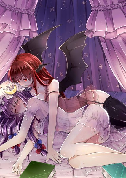 Anime picture 1000x1412 with touhou patchouli knowledge koakuma mimoto (aszxdfcv) long hair tall image blush breasts open mouth light erotic red eyes large breasts bare shoulders multiple girls cleavage purple hair red hair lying eyes closed teeth