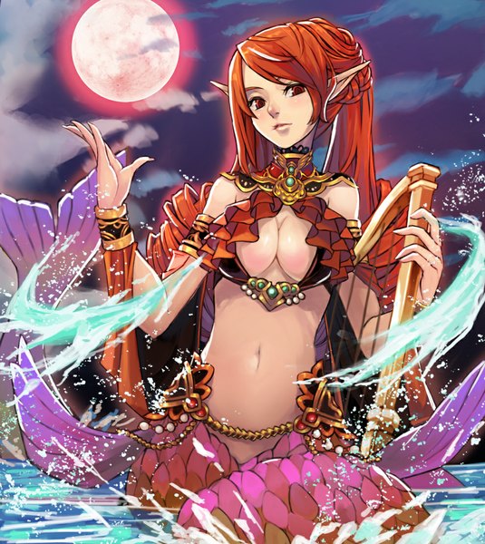 Anime picture 990x1110 with original qbspdl single long hair tall image looking at viewer fringe breasts light erotic red eyes large breasts sky cleavage cloud (clouds) red hair lips pointy ears drill hair red moon girl