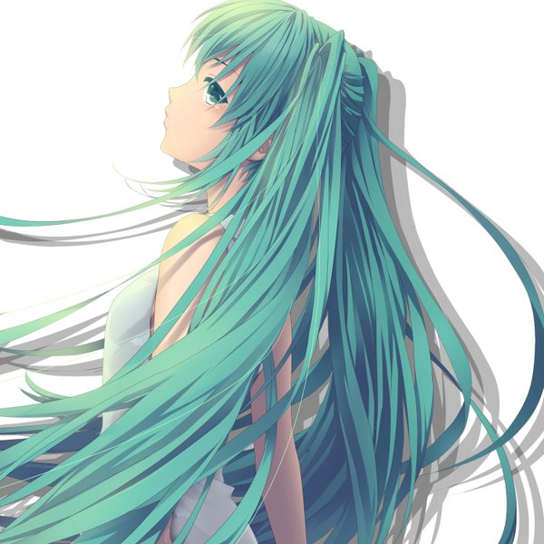 Anime picture 1500x1500 with vocaloid hatsune miku chimuchimu (drowandpaint) single looking at viewer blush simple background white background twintails bare shoulders green eyes very long hair profile green hair sleeveless girl dress