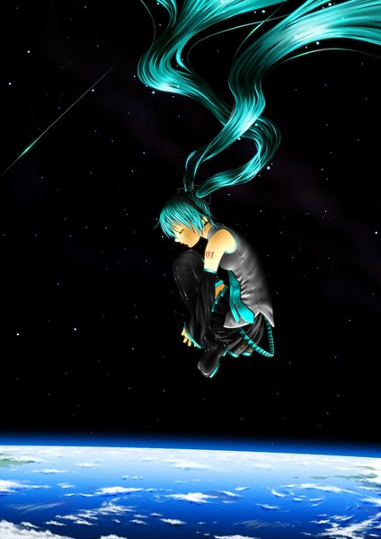 Anime picture 1488x2105 with vocaloid hatsune miku oshou (artist) single long hair tall image twintails eyes closed very long hair aqua hair space weightlessness leg hug shooting star embryo's pose girl star (stars) planet earth