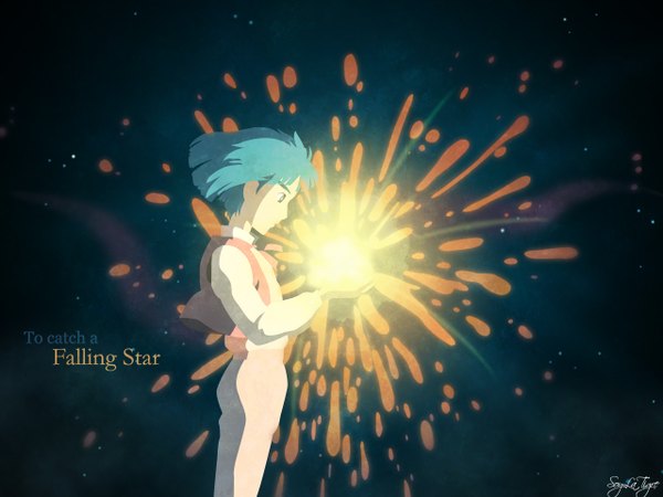 Anime picture 1280x960 with howl's moving castle studio ghibli howl calcifer single fringe short hair blue eyes standing signed blue hair profile inscription night glowing demon boy shirt pants vest
