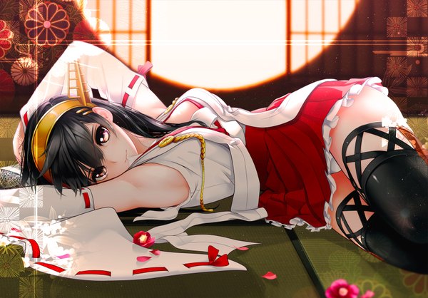 Anime picture 1733x1208 with kantai collection haruna battleship giba (out-low) single long hair looking at viewer highres light erotic black hair brown eyes lying nontraditional miko girl thighhighs hair ornament flower (flowers) black thighhighs detached sleeves