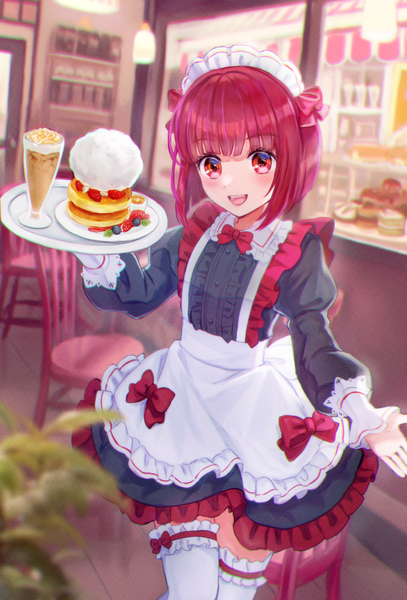 Anime picture 683x1006 with oshi no ko arima kana chirin single tall image fringe short hair open mouth red eyes looking away red hair indoors blunt bangs :d maid girl thighhighs uniform white thighhighs food