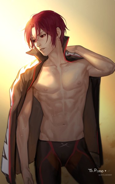 Anime picture 650x1038 with free! kyoto animation matsuoka rin kenny single tall image short hair simple background red eyes standing signed red hair wet looking down muscle 2015 boy uniform gym uniform swimming trunks