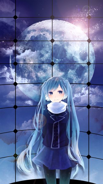 Anime picture 1800x3200 with vocaloid hatsune miku ichinose (sorario) single long hair tall image blush fringe highres blue eyes twintails blue hair looking away light smile night hands behind back girl skirt miniskirt pantyhose