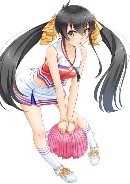 Anime picture 827x1169 with idolmaster idolmaster cinderella girls matoba risa miri (ago550421) single long hair tall image looking at viewer blush open mouth black hair simple background white background twintails yellow eyes cheerleader girl skirt bow hair bow